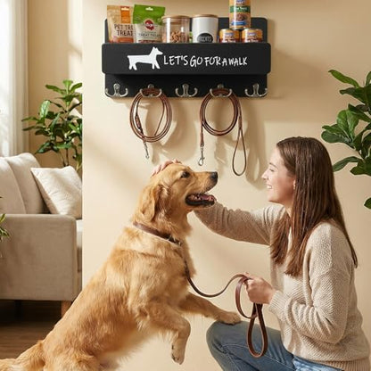 Wood Dog Leash Holder for Wall, Key Hangers with 5 Double Key Hooks, Dog Leash Hanger Wall Mounted for Entryway, Farmhouse Treats,35cm,Black - color: Black