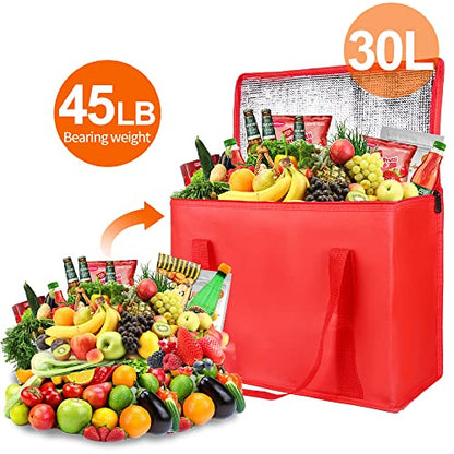 Bodaon 4-Pack Insulated Reusable Grocery Bag, X-Large Cooler Bag for Picnic, Food Delivery Bags, Insulated Pizza Delivery Bags, Red - color: Red, size: X-Large