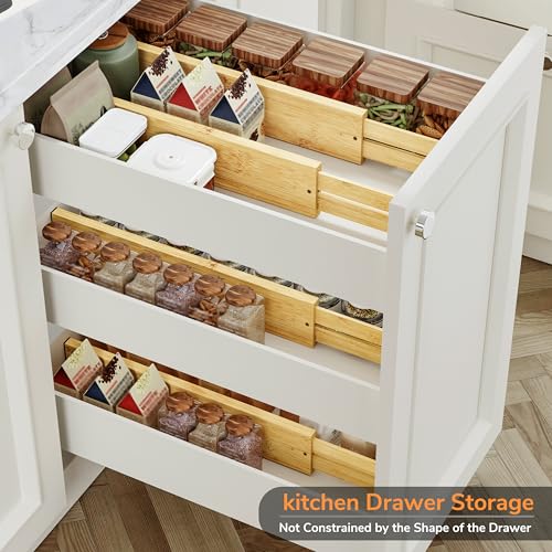BAMEOS Bamboo Expandable Drawer Dividers – Fits 16.65"–22" Drawers, 3" Deep Walls, Set of 4 | Taller Spring-Loaded Separator Keeps Items Upright in Kitchen & Dresser Drawers - size: 3''H, 16.65''-22''L