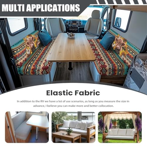 Aztec Print RV Cushion Covers Dinette Booth Seats Sunflower and Highland Cow Camper Cushion Covers Couch Cover 2 Cushion Slipcovers RV Sofa Cover No Arm RV Bench Seat Covers for Dinette - color: Aztec Sunflower Highland Cow