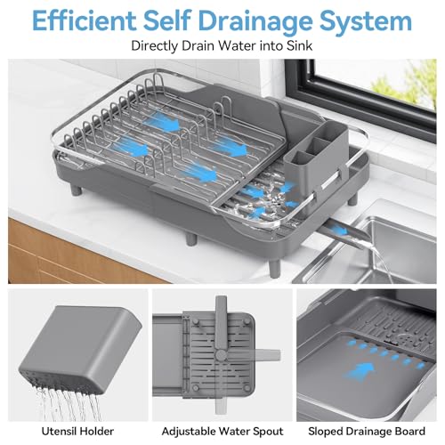 Urackify Dish Drying Rack for Kitchen Counter, Expandable Stainless Steel Dish Racks with Adjustable Water Spout, Space Saving Dish Drainer with Cutlery Holder,16.14"-23.62" L x 12.99" x 8.78",Grey - color: Gray