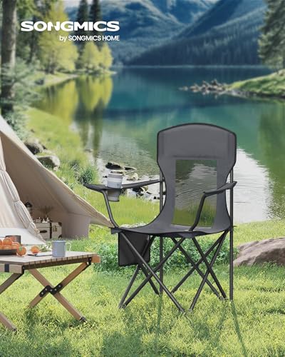 SONGMICS 2 Pack Breathable Camping Chairs, 330 lb Capacity Foldable Outdoor Chairs, High Back, Adjustable Armrests & Cup Holder, for Sports Garden Backyard, Slate Gray UGCB028G01 - color: Grey, style: 2PC (20.3"D x 34"W x 38.2"H)