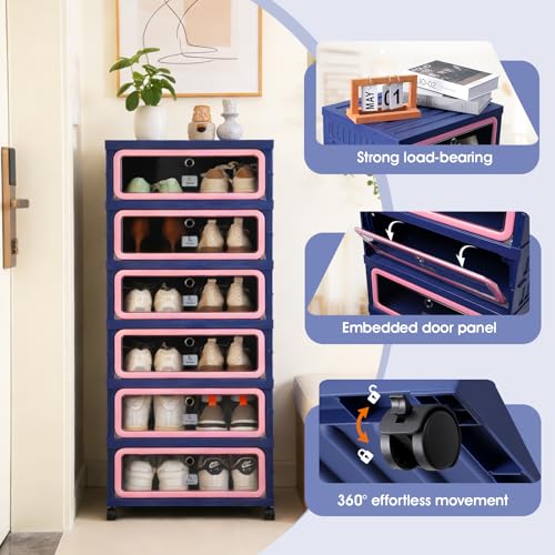 SAYMA Foldable Shoe Rack Organizer, Collapsible Shoe Cabinet with Magnetic Clear Door, Large Plastic Folding Shoe Cabinet, Easy Assembly Shoe Shelves Organizer for Entryway, 6 Tiers-12Pairs - size: 6 Tiers Blue & Pink