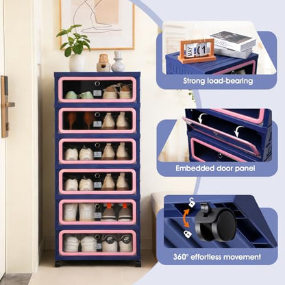 SAYMA Foldable Shoe Rack Organizer, Collapsible Shoe Cabinet with Magnetic Clear Door, Large Plastic Folding Shoe Cabinet, Easy Assembly Shoe Shelves Organizer for Entryway, 6 Tiers-12Pairs - size: 6 Tiers Blue & Pink