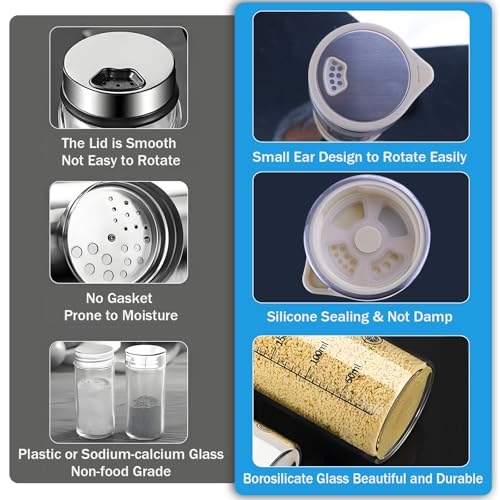 Salt and Pepper Shaker Set, High Borosilicate Glass, Best Stainless Steel Lids，Silicone Inner Cover Easy Adjustable Coarseness,10oz