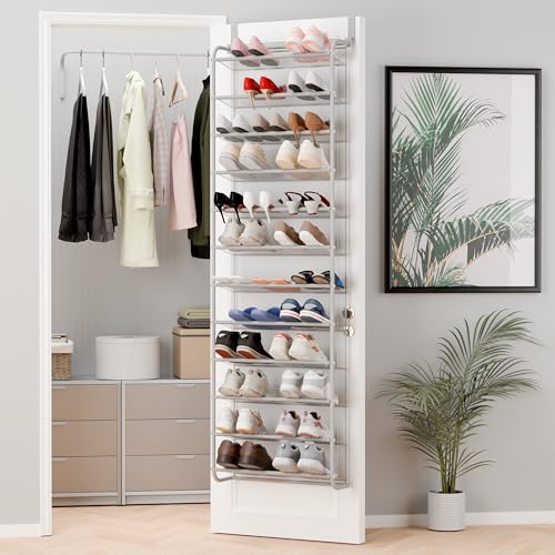 Whitmor 36 Pair Over The Door Shoe Organizer, 12 Tier Hanging Shoe Organizer, Heavy Duty Metal & Mesh Shoe Holder, Hanging Shoe Rack for Closet Organizer & Storage, 74"H x 21.7"W x 7.5"D, Grey - color: Grey