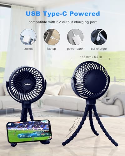 Coohea Stroller Fan Clip on for Baby, 4000mAh Rechargeable Battery Operated, Flexible Tripod, 3 Wind Speed, 360° Rotatable, Small Cooling Portable Fan for Car Seat Crib Golf Cart, Navy Blue - color: Navy Blue