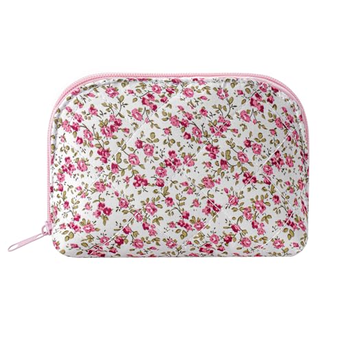 JOVAKIT Quilted Conch Shaped Makeup Bag Cosmetic Bag for Women, Floral Coquette Cotton Travel Makeup Case Toiletry Zipper Make Up Pouch, Travel Storage Organizer Stuff (Red Flower) - color: Red Flower