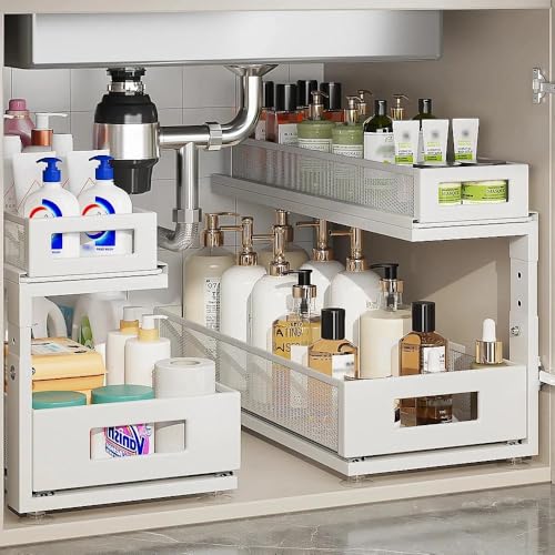 2 Pack 18.5IN-Depth Under Sink Organizer With Next-Gen Ball-Bearing Slides,2-Tier Pull Out Cabinet Storage,Height Adjustable Drawer Shelf for Bathroom,Kitchen,Laundry,Cabinet,Pantry-White - color: White, size: 2 Pack-18.5"Dx12.8"-16.9"H