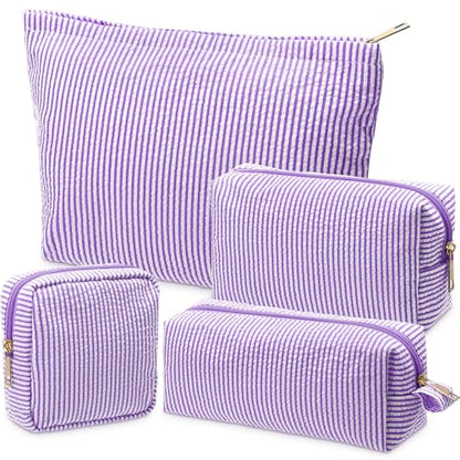 Sanwuta 4 Pcs Seersucker Pouch Cosmetic Bag Set Seersucker Makeup Bag Women Stripe Large Travel Toiletry Organizer Aesthetic Preppy Storage for Embroidery Women Bridesmaid Gifts(Purple) - color: Purple