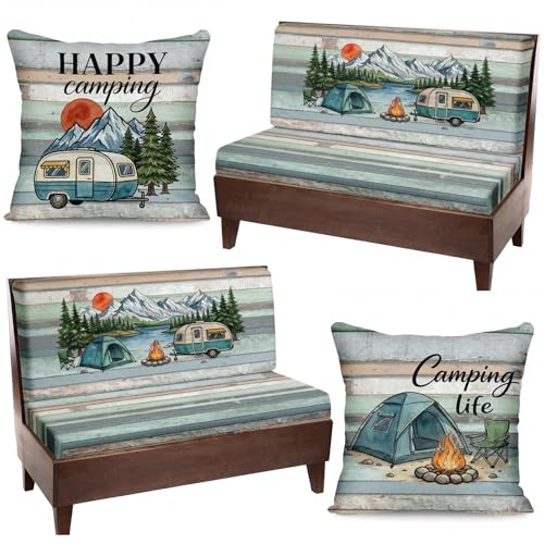 6 Pcs RV Dinette Cushion Covers Set Nature Rustic Camper Cushion Covers Vintage Replacement Soft Washable RV Happy Camping Seat Cover for Travel Trailer Motorhome Booth Dinette Camper Interior Decor - color: Retro Blue Wood