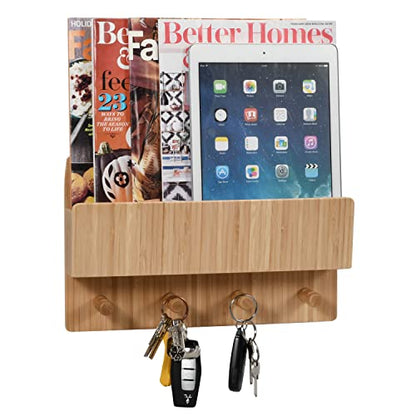 Bamboo Pet Supply Organizer All-in-One Wall Mounted Dog Leash Holder/Rack Extra Space Compartment for Storage of pet Essentials Treats/Keys/Toys