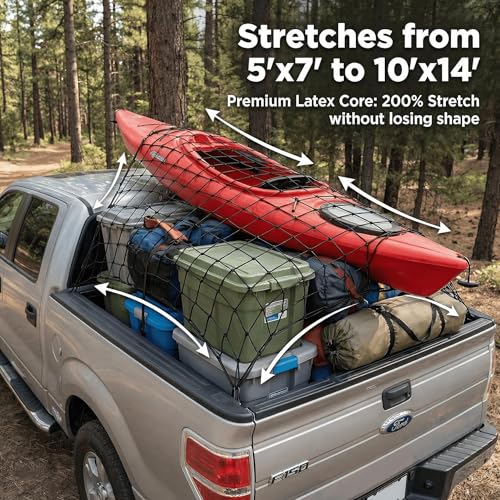 Heavy Duty Latex Cargo Net for Pickup Truck Bed 4'x6' (Stretches to 8'x12'), Bungee Mesh Truck Tie Down Net with 10 Metal Carabiners, 16ft Strap & Breathable Storage Bag - size: Medium 1.2x1.8m