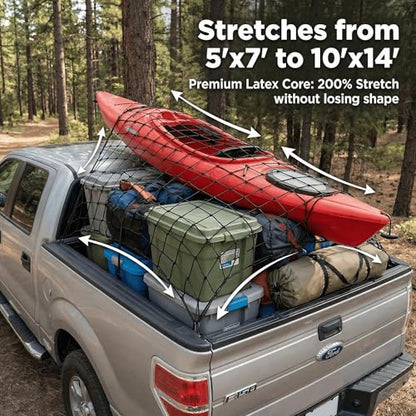 Heavy Duty Latex Cargo Net for Pickup Truck Bed 4'x6' (Stretches to 8'x12'), Bungee Mesh Truck Tie Down Net with 10 Metal Carabiners, 16ft Strap & Breathable Storage Bag - size: Medium 1.2x1.8m