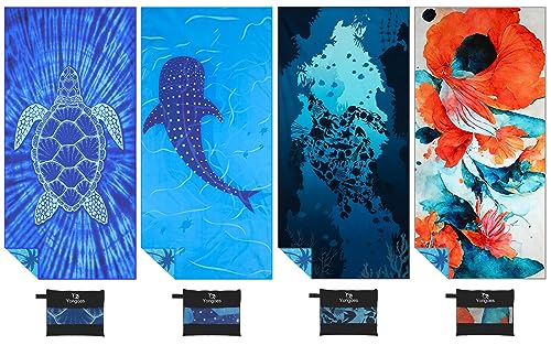 Yongoes 4 Pack Microfiber Lightweight Thin Beach Towel Sand Free Quick Dry Super Absorbent Large Towels for Swimming Pool Yoga Gym Travel Vacation Beach Accessories Essentials for Adults - color: 4 Pack Blue and Flower