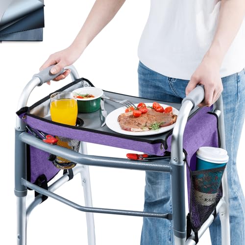BAGSFY Walker Tray with Cup Holder & Side Pocket – Hard Top Walker Table for Seniors – Folding Walker Accessory for Meals, Reading, Drinks – Non-Slip Surface, Tool-Free Install, Universal Fit - color: Purple, size: With side storage