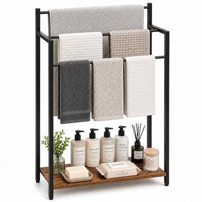 24.8" W Freestanding Towel Rack, 3 Tier Blanket Ladder Stand with Rustic Brown Wooden Shelf for Bathroom Living Room - color: Rustic Brown, size: 31.5" H x 24.8" W x7.9 D