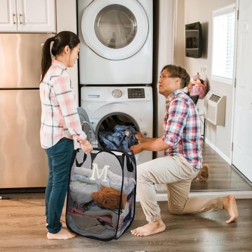 Collapsible Pop Up Laundry Hamper, Extra Large with Removable Initial Letter M, Mesh Foldable Laundry Basket, 28" x 16" x 16" (Black) - color: 1P BlackM