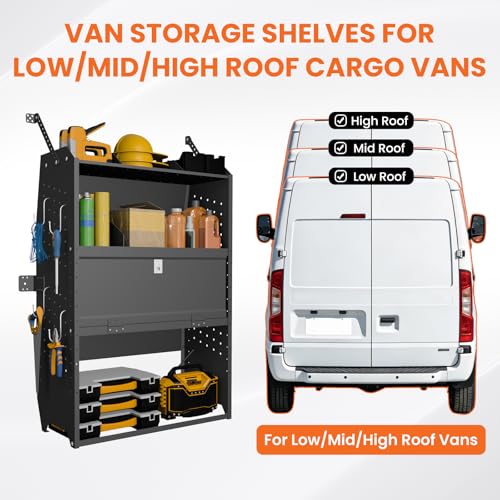 Adjustable Cargo Van Shelving with Lockable Door and Hooks, Heavy Duty Steel Storage 32" W x 46" H x 13" D, Fits Transit, ProMaster, Chevy Express, GMC Savana, Sprinter, Low/Mid/High Roof - size: 32" W x 46" H x 13" D