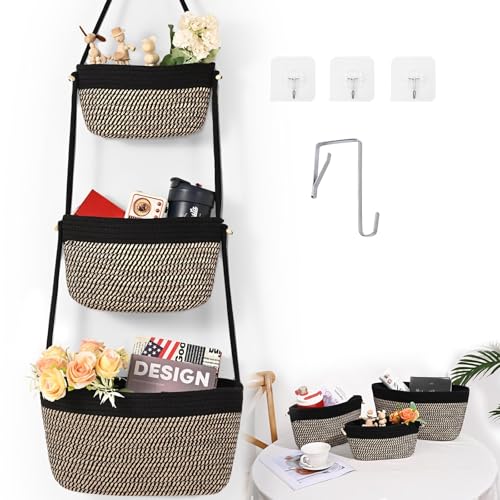 Hanging Basket, 3-Tier Woven Wall Basket with 4 Hooks, Cotton Rope Storage Baskets, Over the Door Organizer for Nursery, Bedroom, Cottage and Boho Wall Decor - color: Black, size: Classic