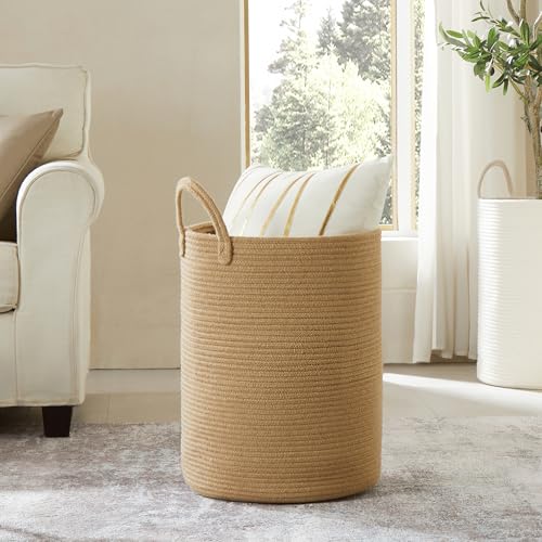 15Dx20H Inches Jute Woven Laundry Hamper Basket Wicker Rope Clothes Hamper Tall Rattan Blanket Basket in Living Room Bedroom 62L Large Capacity - color: Jute, size: Large (62L)