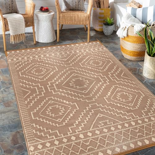 Wonnitar Waterproof Outdoor Rug 5x8, Reversible Plastic Straw RV Rug for Camping, Outside Patio Area Rug, Indoor Outdoor Portable Mat for Picnic Backyard Balcony Deck Decor (Beige & Brown,5'x8') - color: Beige & Brown, size: 5' x 8' (Rectangular)