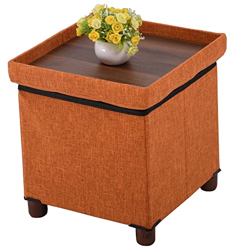 15 Inch Storage Ottoman with Wooden Legs - Cube Foot Rest Stool, Square Footstool, Comfortable Seat with Lid, Foldable Fabric Ottoman, Space-Saving Orange - color: Squ Orange