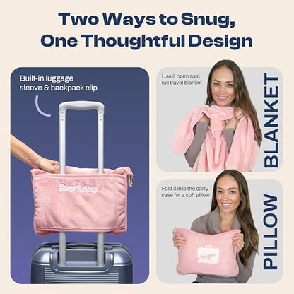 EverSnug Travel Blanket and Pillow - Premium Soft 2 in 1 Airplane Blanket with Soft Bag Pillowcase, Hand Luggage Sleeve and Backpack Clip (Light Pink) - color: Light Pink