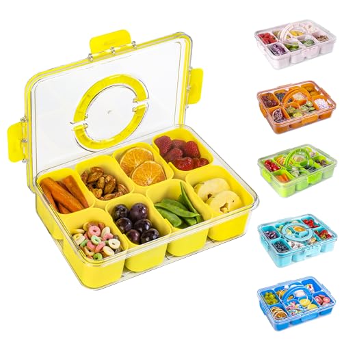 WACOI Divided Snack Serving Tray with Lid and Handle Travel Snackle Charcuterie Container Portable Storage Organizer for Candy, Fruits, Nuts, Snacks, Party, Picnic (1pack, Yellow) - color: Yellow, size: 1 Pack-8 Compartments