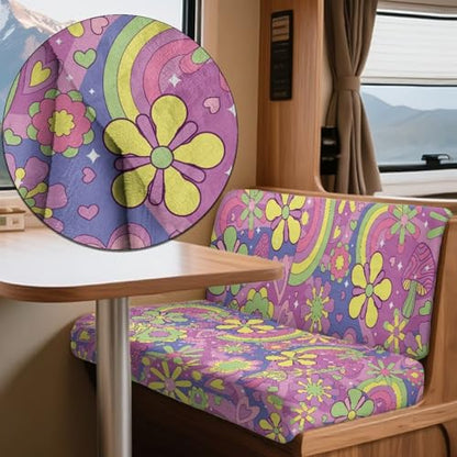 Hippie Daisy Pattern 2 Pcs RV Dinette Cushion Covers Washable Camper Cushion Slipcover Thickened Camper Seat Covers Dinette Booth Sofa Slipover for Travel Trailer Couch - color: Hippie Daisy