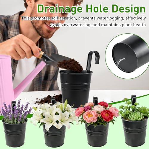 10 Pack Hanging Flower Pots Metal Iron Bucket Planter Railing Planter Flower Holder for Railing Fence Balcony Garden Home Decoration with Detachable Hooks,Black,4 Inches