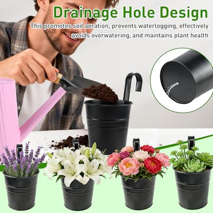 10 Pack Hanging Flower Pots Metal Iron Bucket Planter Railing Planter Flower Holder for Railing Fence Balcony Garden Home Decoration with Detachable Hooks,Black,4 Inches