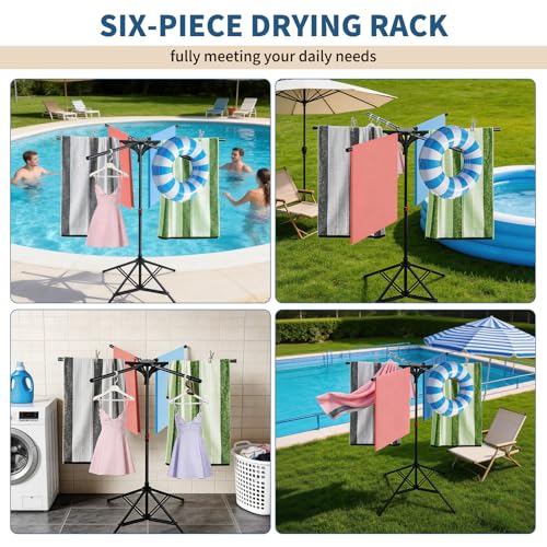 Pool Towel Rack Outdoor Adjustable Height 41.3-61.8In Towel Rack for Pool Heavy-Duty Freestanding Pool Float Storage Rack 4-Legged Stand & 6 Foldable Arms for Drying Swim Gear