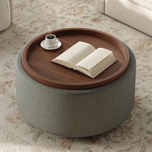 30'' Round Storage Ottoman Coffee Table with Walnut Tray, Round Ottoman with Storage, Modern Upholstered Coffee Table with with 4 Casters for Living Room, Linen Fabric, Dark Grey - color: Dark Grey