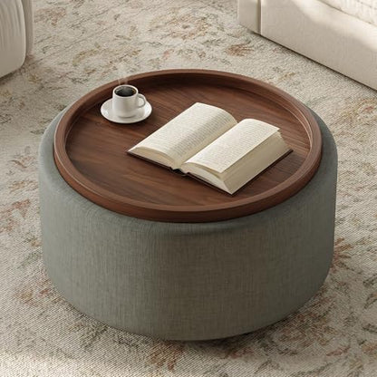 30'' Round Storage Ottoman Coffee Table with Walnut Tray, Round Ottoman with Storage, Modern Upholstered Coffee Table with with 4 Casters for Living Room, Linen Fabric, Dark Grey - color: Dark Grey
