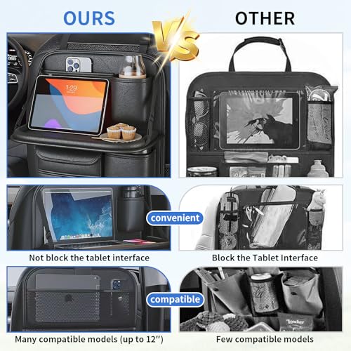 Car Backseat Organizer with Foldable Table Tray,Hanging Storage Bag with Touch Screen Phone Holder,Premium PU Leather Material,Compatible with Most Vehicles,Inner Car Accessories - size: Short