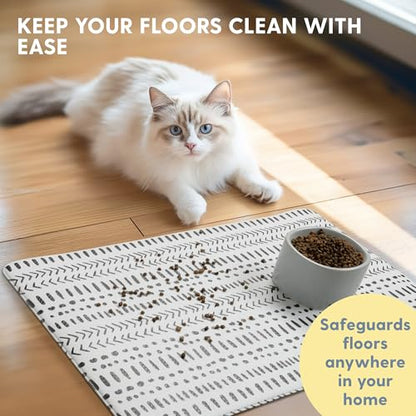 The Cat Ladies Cat Feeding Mat - Waterproof & Dishwasher Safe Small Pet Eating Placemat - Cat & Dog Food Mats for Food and Water Bowl - Protect Floors from Mess - Tribal Print - color: Black and White Tribal