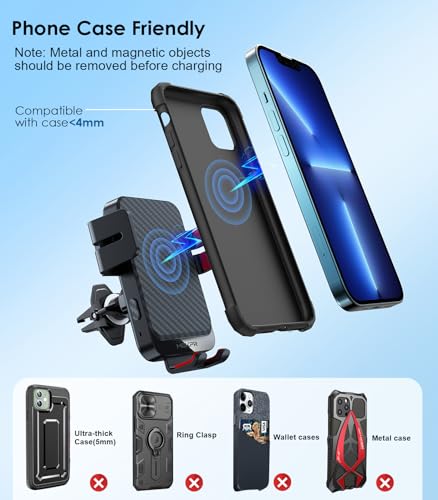 Wireless Car Charger, MOKPR 15W Fast Charging Auto-Clamping Phone Mount Air Vent Cell Phone Holder Compatible with iPhone 16 15/14/13/13 Pro/12 pro/12, for Samsung Galaxy S23/S22/S21/S20, Red - color: Red Arm