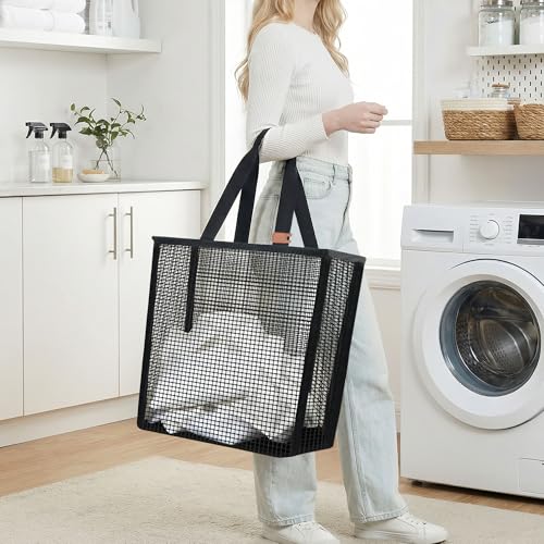STORAGE MANIAC Collapsible Laundry Basket, 16.9 Gal. Large Pop-up Laundry Hamper with Long Carry Handles, Space-Saving Foldable Clothes Hamper with Bottom Elastic Band, Travel Laundry Bags, Mesh Black - color: Mesh Black
