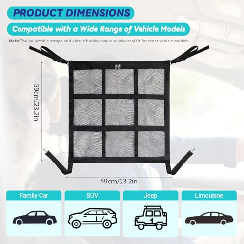 Dog Car Net Barrier,9-Grid Reinforced,Easy Install | Double mesh with zipper storage,Universal fit for SUVs, sedans & trucks,Breathable for AC flow,Keeps dogs safely in back.