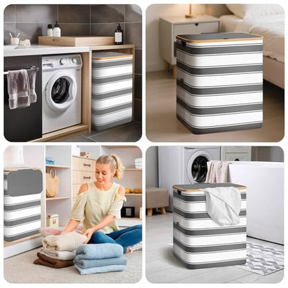 BALEINE Laundry Hamper with Lid, Tall Laundry Baskets with Bamboo Pull Handles, Large Laundry Bin with Internal Support (18 Gal/70L, Grey Stripe) - color: Grey Stripe, size: 70 liters
