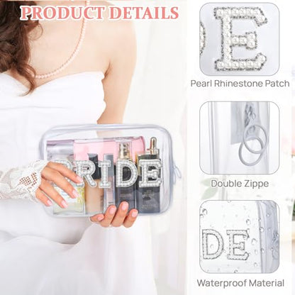 Etercycle Bride Clear Makeup Bag, Bridal Shower Gifts Engagement Cosmetic Bag, Bling Pearl Rhinestone Letter Patches Waterproof PVC Travel Organizer for Women Wedding Bachelorette Party(Silver) - color: Silver, style: Bride