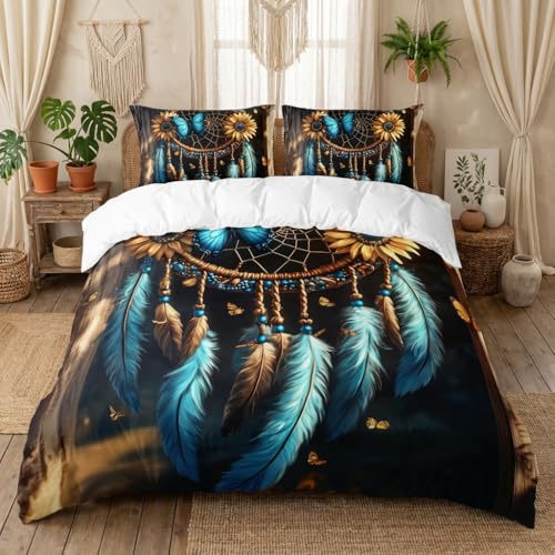 AILONEN Dream Catcher Duvet Cover Set King Size, Boho Blue Feather Bedding Set for Kids Teens Adults,Sunflower Butterfly Comforter Cover Set,3-Pieces,1 Quilt Cover + 2 Pillowcases - color: Dream Catcher1, size: King