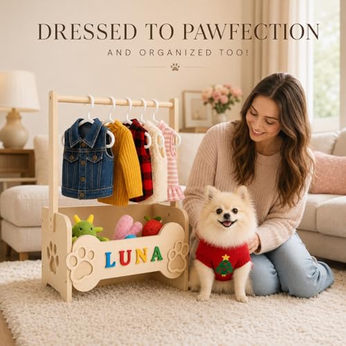 Personalized Dog Wardrobe for Small Dogs – Wooden Clothes Rack with 10 Hangers, DIY Name Plate & Toy Bin | Unique Dog Mom Gift for Chihuahua Yorkie Pomeranian