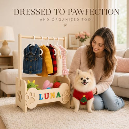 Personalized Dog Wardrobe for Small Dogs – Wooden Clothes Rack with 10 Hangers, DIY Name Plate & Toy Bin | Unique Dog Mom Gift for Chihuahua Yorkie Pomeranian