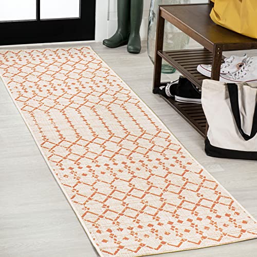 JONATHAN Y Moroccan Geometric Indoor Outdoor Runner Rug 2X8 Cream/Orange, Ourika Textured Weave for Backyard, Patio, Porch, Easy-Cleaning, High Traffic, Pet-Friendly, Non-Shedding (SMB108O-28) - color: Cream/Orange, size: 2'2" x 8' (Runner)