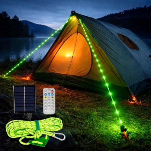Solar Luminous Paracord Rope, 23ft Solar-Powered Green Glow Rope with Remote, 8 Lighting Modes + Timer, 500 mAh Battery, IP66 Waterproof for Outdoor Camping - color: Paracord, Green, size: Single