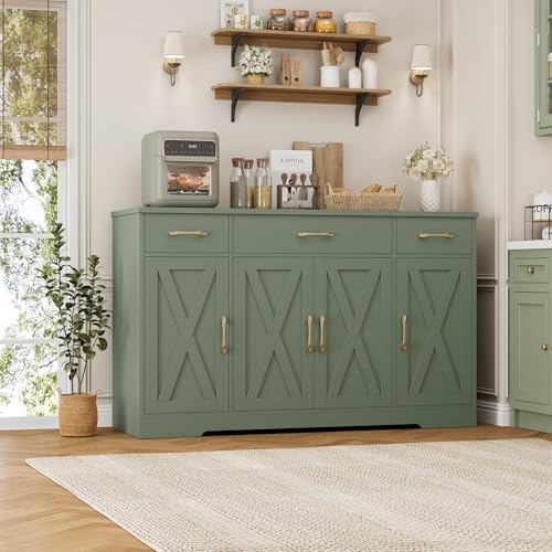HOSTACK Buffet Sideboard Cabinet with Drawers, 55" Large Buffet Storage Cabinet with Shelves and Doors, Modern Farmhouse Coffee Bar Station for Kitchen, Dining Room, Green - color: Green