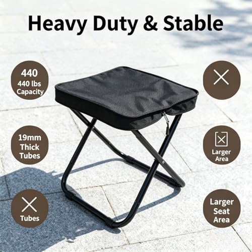 15.7" Tall Folding Stool 440LBS Heavy Duty Aluminum Alloy Portable Camping Chair for Adults, Integrated Storage Collapsible Sling Bag Stool, Perfect for Hunting Fishing Backpacking Outdoor Travel
