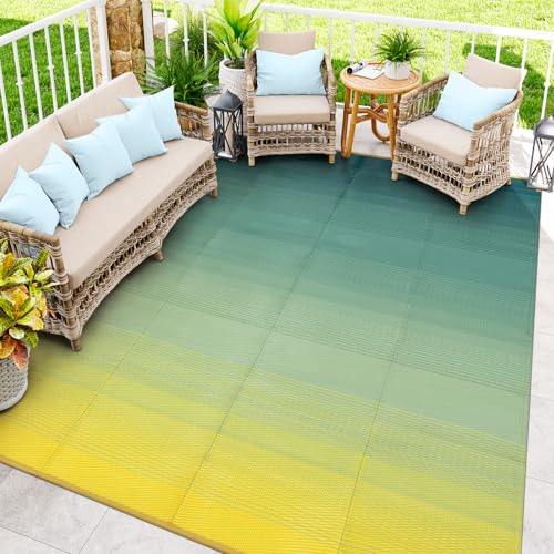 Anidaroel 8x10ft Ombre Outdoor Rug for Patios Clearance, Waterproof Camping Rug for Outside RV, Plastic Straw Outside Rugs, Large Outdoor Area Rug for Garden, Camper(Yellow&Green,8'x10') - color: Yellow/Green, size: 8' x 10' (Rectangular)